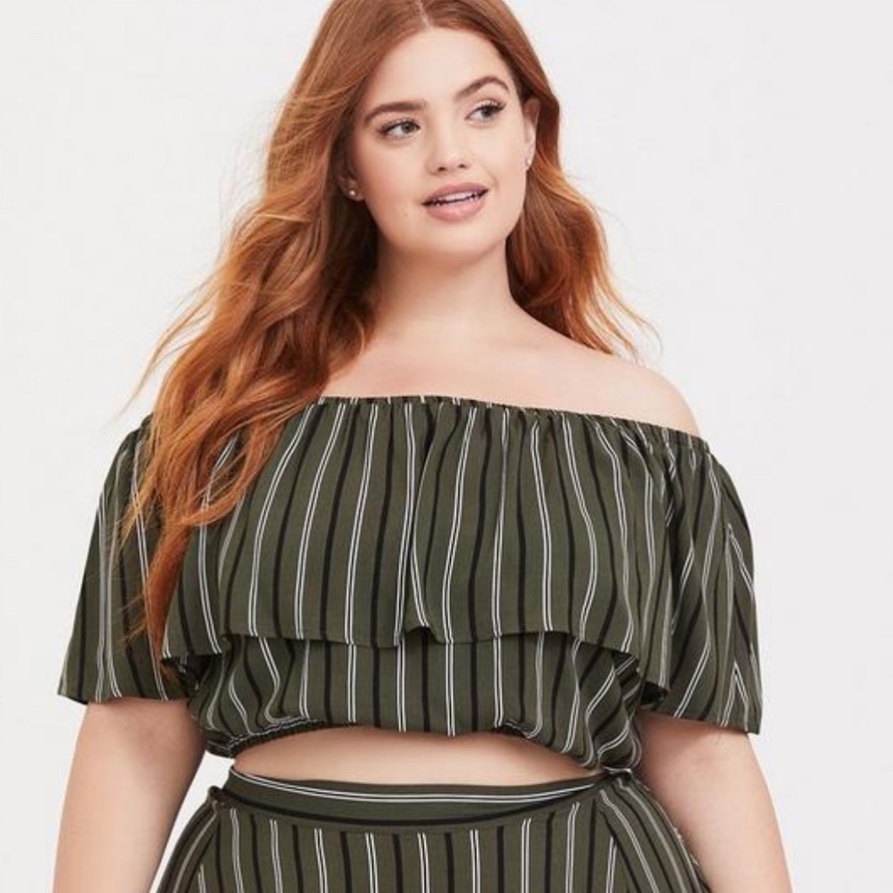 Torrid Olive Stripe Maxi Challis Off-Shoulder Crop Top Size 5X